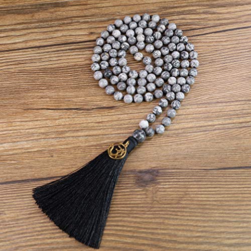 COAI OM Charm Hand Knotted Tassel 108 Mala Beads Necklace - color: Map Jasper, size: 8mm