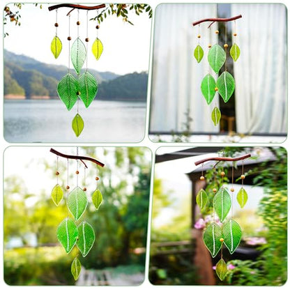 Glass Wind Chimes for Outside,Unique Handmade Windchimes Outdoors with Stained Glass Leaves for Home Window Garden Yard Patio Decor Ornament for Christmas Tree,Green 20"