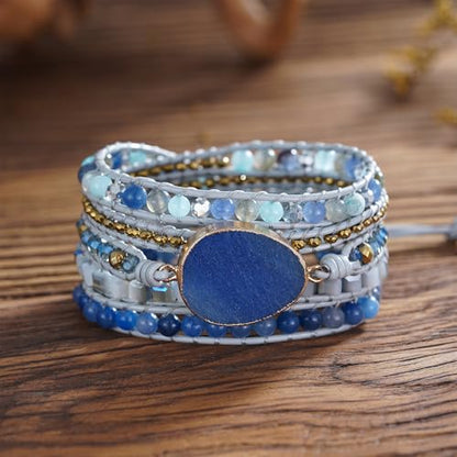 Women Boho Handmade Natural Stone Crystal Leather Bead Wrap Bracelets Collection - style: Blue Aventurine 5W