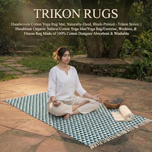VINYASA Handwoven Cotton Yoga Rug Mat – Naturally Dyed | Absorbent, Washable Yoga Mat/Fitness Rug, Hatha, Pilates & Meditation - Non-Slip Grip | Extra Long & Wide | Trikon Series - color: Indigo