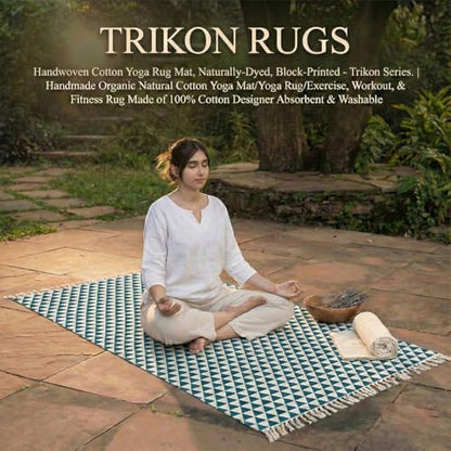 VINYASA Handwoven Cotton Yoga Rug Mat – Naturally Dyed | Absorbent, Washable Yoga Mat/Fitness Rug, Hatha, Pilates & Meditation - Non-Slip Grip | Extra Long & Wide | Trikon Series - color: Indigo