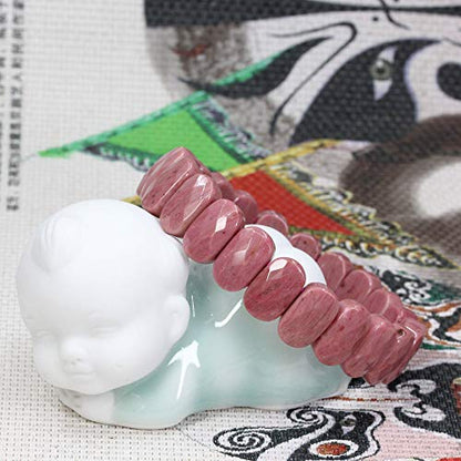 Keleny Semi Precious Stones 14mm Faceted Oval Beads Crystal Rock Elastic Bangle 7.5 Inch - color: A Grade Pink Rhodonite