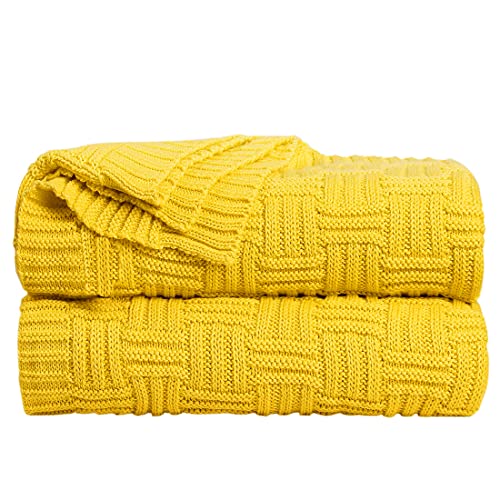 uxcell 100% Cotton Cable Knit Throw Blanket,Soft Lightweight Lap Blanket,Textured Solid Sofa Throw Couch Cover Decors Knitted Blankets, Yellow 50"x 60" - color: Yellow