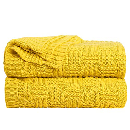 uxcell 100% Cotton Cable Knit Throw Blanket,Soft Lightweight Lap Blanket,Textured Solid Sofa Throw Couch Cover Decors Knitted Blankets, Yellow 50"x 60" - color: Yellow