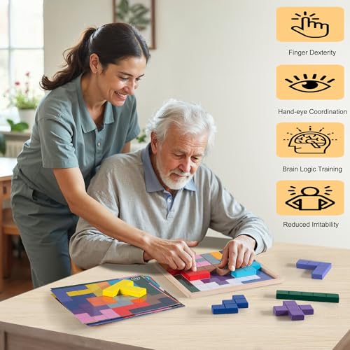 Dementia Products for Elderly, Wooden Tiles Matching Game with 40 Templates, Dementia Activities for Seniors, Easy Memory Games for Alzheimer's, Large Puzzle Pattern Blocks
