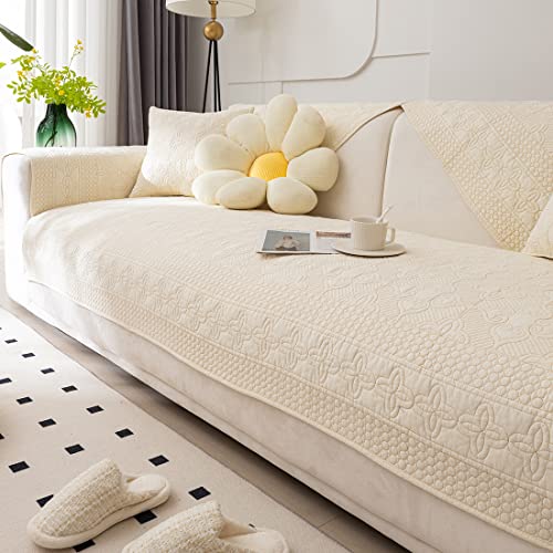 Farmhouse Couch Cover Solid Color Neutral Sofa Cover Soft Cotton Quilted Sectional Couch Covers Non Slip Washable Sofa Slipcover Furniture Protector for Living Room (Ivory F,28"x47") - color: Ivory F, size: 28"x47"/Rectangular