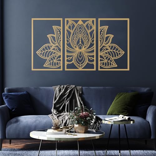 ESTART Large Lotus Flower Metal Wall Art 3-piece Set, Religion Faith Mandala Home Wall Decoration for Living Room, Bedroom, Office and Yoga Room - color: Gold, size: 43L" x 22W"