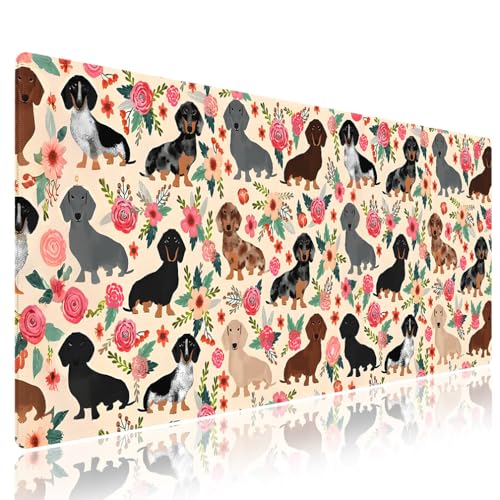 XXL Gaming Mouse Pad with Stitched Edges for PC Home & Office - Colorful Floral Dachshund Dogs Cute Puppies Pink Flowers Seamless Design, Smooth Fabric Surface Anti-Slip Base Large Desk Mat - color: Floral Dachshund