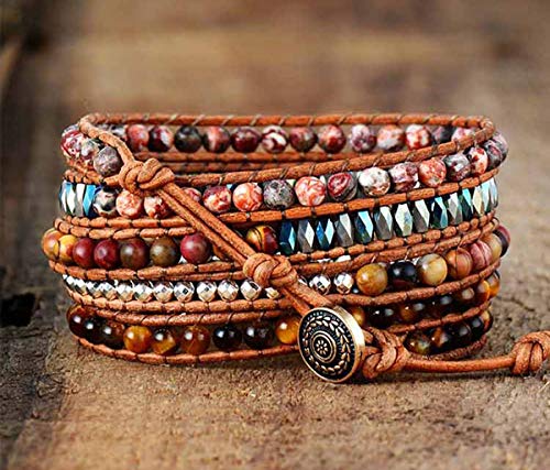 Boho Wrap Bracelet for Women, Handmade Natural Imperial Jasper Multi-Layer Stone Beaded Bracelet, Bohemian Healing Crystal Stone Jewelry Gifts - color: Tiger Eye