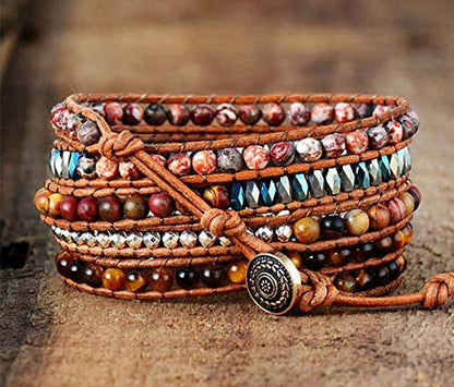 Boho Wrap Bracelet for Women, Handmade Natural Imperial Jasper Multi-Layer Stone Beaded Bracelet, Bohemian Healing Crystal Stone Jewelry Gifts - color: Tiger Eye