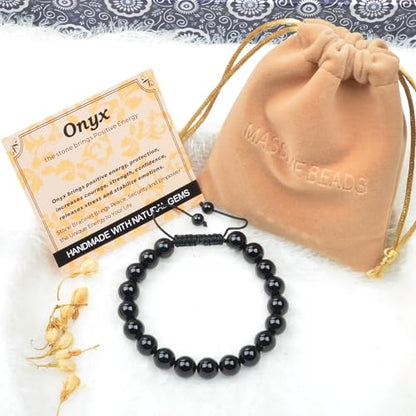 MASSIVE BEADS Handmade Yoga Natural Stone Crystal Healing Power Energy Gifts for Unisex Adult Bracelet Macrame Adjustable - color: Black Onyx(Positive Energy), size: 10mm
