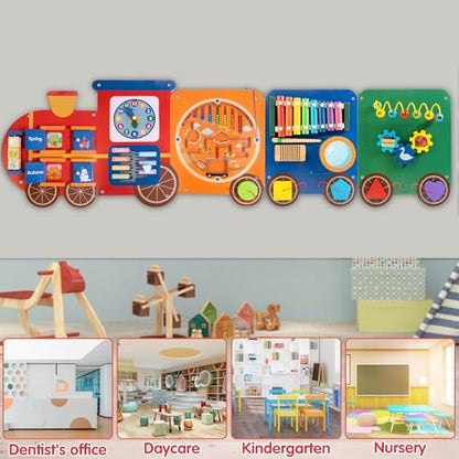 Train Activity Wall Busy Board Panels | 11-in-1 Wooden Sensory Wall Panel for Kids, Toddler Montessori Learning Activity Center, Perfect for Toddler Playroom Nursery Classroom Dentist Waiting Room - style: Train