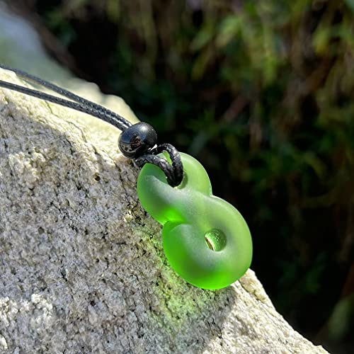 Infinity Necklace - Sea Glass Jewelry - Positive Vibes Collection - Cute Meditation Crystals - Spiritual Gifts for Yoga Lovers - High Vibration Tibetan Symbols - Cool and Trendy Good Luck Amulets - color: Bottle Green Sea Glass Necklace