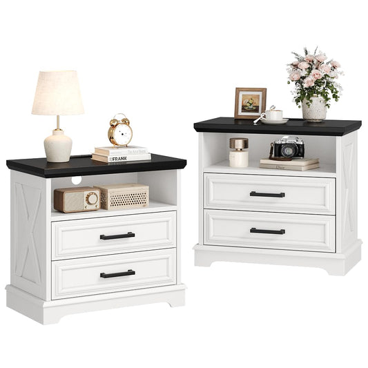 knoworld 24 Inch Wide Farmhouse Nightstands Set of 2 with Charging Station, White Nightstand with 2 Large Drawers, Rustic Wood End Table for Bedroom - color: White 2 Drawers, size: 2 Pack