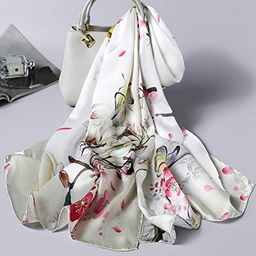 100% Mulberry Silk Long Scarf for Women Large Shawls for Headscarf and Neck- Oblong Hair Wraps with Gift Packed - color: Beige-flower&birds