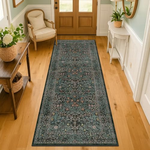 8ft Long Runners for Hallways Non Slip, 2'6" x 8' Floor Runner for Kitchen, Entryway Indoor, Washable Rubber Backing Stain Resistant - Vintage Floral Dark Green & Black Wide Décor - color: Dark Green / Black, size: 2'6" x 8' (Runner)
