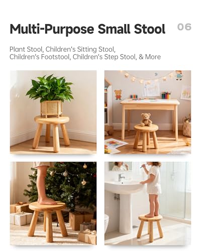 Small Solid Wood Stool, 10" Round Wooden Step Stool for Kids & Adults, Sturdy Plant Stand, Low Sitting Stool for Bathroom, Bedroom & Nursery, Easy Tool-Free Assembly, Natural (1 Pack)