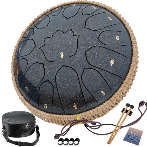 BETESINE 13-Inch 15-Note Steel Tongue Drum in C Major, Beginner-Friendly Meditation Drum with Mallets, Music Book, Finger Picks, Carry Bag & Note Stickers, Starry Black - color: Starry Black