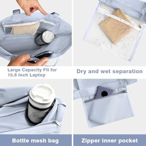 Yoga Mat Bag for Women, 100% Cotton Canvas Tote with Wet/Dry Pocket, Bottle Holder and Inner Zipper Pocket, 25L Carrier for Pilates and Travel - color: Light blue