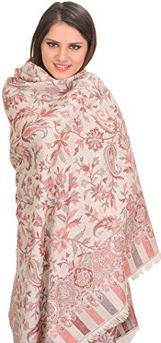 Exotic India Women Reversible Jamawar Wool Shawl with Woven Flowers | Ethnic Beautiful Floral Weave Stole, Dupatta - color: Moonbeam