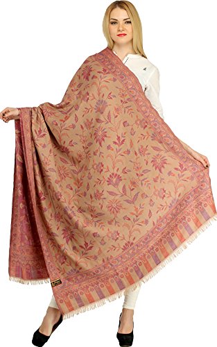 Exotic India Women Reversible Jamawar Wool Shawl with Woven Flowers | Ethnic Beautiful Floral Weave Stole, Dupatta - color: Grape Nectar