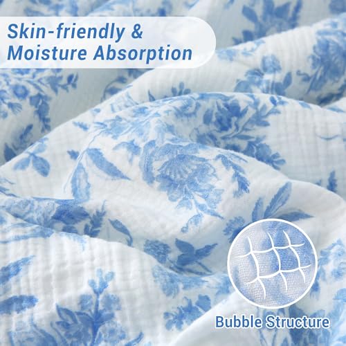 Viviland Cotton Muslin Blanket, Queen Size 90 x 90 Inches, Blue Nerrah | Reversible Fleece, Lightweight, Breathable Gauze - color: Blue Nerrah, size: Queen Size (90 X 90 Inches)
