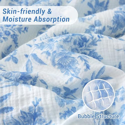 Viviland Cotton Muslin Blanket, Queen Size 90 x 90 Inches, Blue Nerrah | Reversible Fleece, Lightweight, Breathable Gauze - color: Blue Nerrah, size: Queen Size (90 X 90 Inches)
