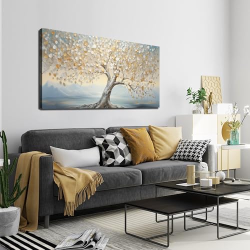 JuhaiArt Tree Canvas Art White Wall Decorations Light Blue Wall Picture for Living Room Bedroom Home Office Gold Artwork Art 24" x 48" - color: Light Blue, size: 48"L x 24"W