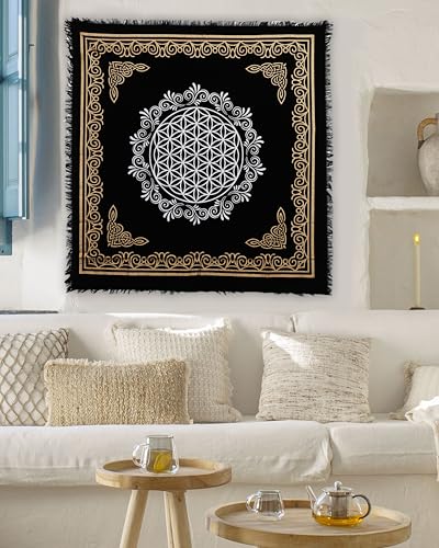 Indian Consigners Altar Cloth Flower of Life Witchcraft Alter Tarot Spread Top Cloth Wiccan Square Spiritual 18 by 18 Sacred (Flower of Life Gold Silver) - color: Flower of Life Gold Silver