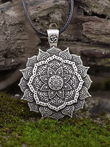 HAQUIL Mandala Flower of Life Necklace, Buddhist Lotus Flower Om Mandala Pendant, Faux Leather Cord - color: S01