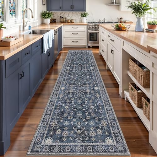 Tangsoo 2.6x12 Washable Long Runner Rug for Hallway Non Slip, Boho Floral Vintage Carpet Runner Rugs for Entryway Kitchen, Floor Low Pile Runners for Laundry Bedroom Alfombra Blue Black Farmhouse - color: Distressed Blue Black, size: 2'6" X 12' (Runner)