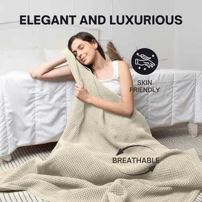 Throw Blanket for Couch, 100% Cotton Soft Lightweight Breathable Summer Blanket Throws, Waffle Weave Throw Size Bed Blanket: Beige (50"x60") - color: Beige, size: Throw (50" x 60")