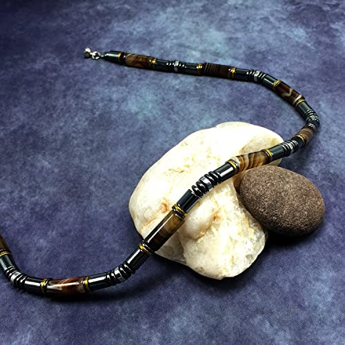 Healing Stress Anxiety Meditation Grounding Energy Gemstone Necklace Series - color: Brown Agate & Hematite -6 mm- Stone Tube Beads