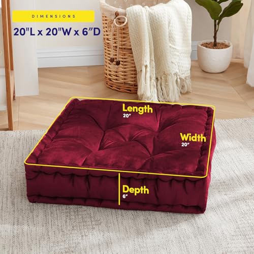 Floor Pillow Large Square Tufted Decorative Cushion 20" x 20" Faux Velvet Fabric Ultra Thick Fill for Kids and Adults, 1 Pack, Burgundy Red