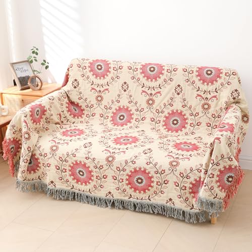 Snycler Boho Throw Blanket for Bed - 100% Cotton Ultra Soft Rustic Quilt - Pink Boho Floral Printed Farmhouse Decor Bed Blankets, 80"×90" All Season Rustic Throw for Sofa Couch Chair - color: Pink Boho Floral, size: 80"x90"
