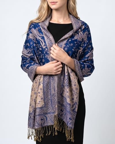 Achillea Reversible Paisley Pashmina Rave Scarf – Exotic Indian Shawls and Wraps for Evening Dresses, Festivals, All Seasons - color: Royal Blue