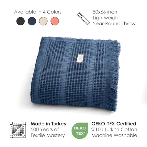 Mira Waffle Throw Blanket with Tassels - 50x66 Inch - 100% Turkish Cotton Tencel Breathable Blend Lightweight Blanket for Couch, Sofa, Bed - color: Denim