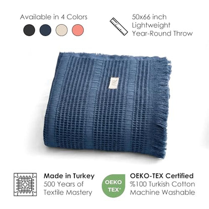 Mira Waffle Throw Blanket with Tassels - 50x66 Inch - 100% Turkish Cotton Tencel Breathable Blend Lightweight Blanket for Couch, Sofa, Bed - color: Denim