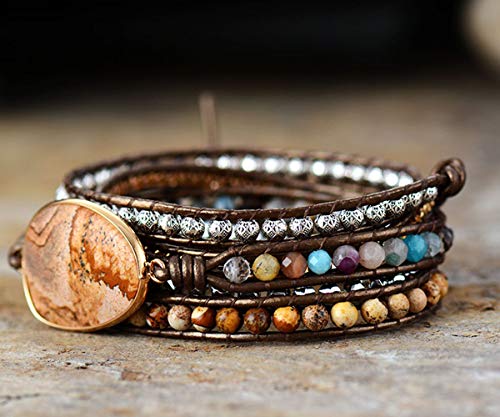 Boho Wrap Bracelet for Women, Handmade Natural Imperial Jasper Multi-Layer Stone Beaded Bracelet, Bohemian Healing Crystal Stone Jewelry Gifts - color: Brown Agate