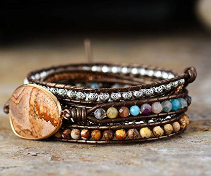 Boho Wrap Bracelet for Women, Handmade Natural Imperial Jasper Multi-Layer Stone Beaded Bracelet, Bohemian Healing Crystal Stone Jewelry Gifts - color: Brown Agate