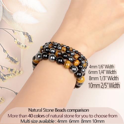 LPBeads Handmade Natural Gemstone Stretch Elastic Bracelet Healing Crystal Round Stone Beads Jewelry Gifts for Women Men - color: Onyx Tiger Hematite Mixed, size: 10mm