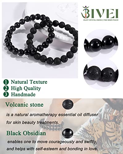 Bivei Natural Gemstone Semi Precious Healing Crystals Handmade Stretchy Round Beads Bracelet,Stocking Stuffers for Women Enhance Positive Energy - color: 8mm Lava Stone & Black Obsidian (Protection), size: Medium: 6.8-7.24 inch