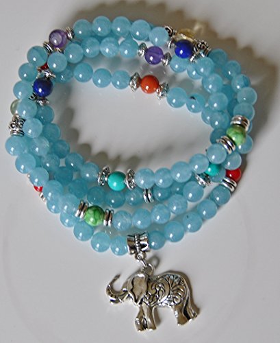 Calm and Patience, 108 Aquamarine Mala Beads, Elephant Necklace, Wrap Gemstone Bracelet, Chakra Balance, Meditation, Japa Mala