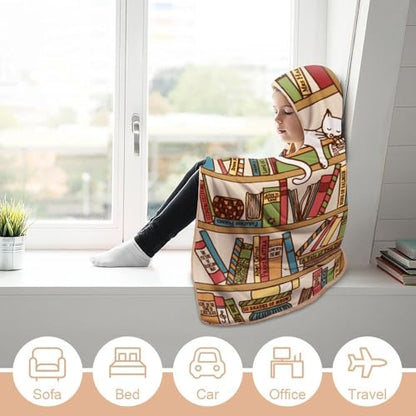 Sleeping Cat Library Bookshelf Large Size Comfortable Hooded Blanket, Warm Blanket 50"x60" - color: Sleeping Cat Library Bookshelf, size: 50"x60"
