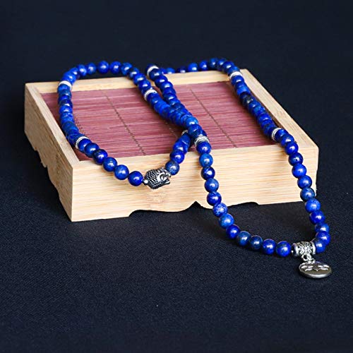 Bivei 108 Mala Beads Necklace Long Beaded Wrap Bracelets Genuine Gemstone Mala Prayer Beads Lotus Buddha Charm Yoga Meditation Necklace - color: Lapis Lazuli-Lotus OM-Buddha