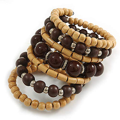 Avalaya Wide Coiled Ceramic, Acrylic, Wood Bead Bracelet (Brown, Natural) - Adjustable