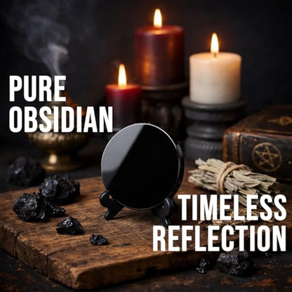 Natural Black Obsidian Scrying Mirror with Stand 5.90 in - Healing Crystals for Witchcraft, Divination, Meditation, and Crystal Decor 15 cm - size: 5.9"L x 5.9"W