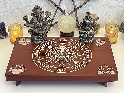 Altar Table, Meditation Table, Small Altar Table, Wooden Witch Altar, Wiccan Alter Table, Buddhist Shrine, Engraved Wheel of The Year on Table Top, 12 × 8 inches - color: Wheel of the Year