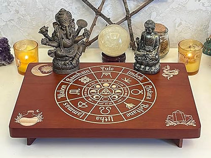 Altar Table, Meditation Table, Small Altar Table, Wooden Witch Altar, Wiccan Alter Table, Buddhist Shrine, Engraved Wheel of The Year on Table Top, 12 × 8 inches - color: Wheel of the Year