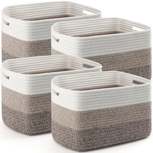 4 Pack Storage Baskets for Organizing, 12''Lx9''Wx8''H Woven Baskets for Storage Toys, Towels, Books, and Clothes, Cotton Rope Basket for Shelves with Handle - color: White & Khaki, size: Large